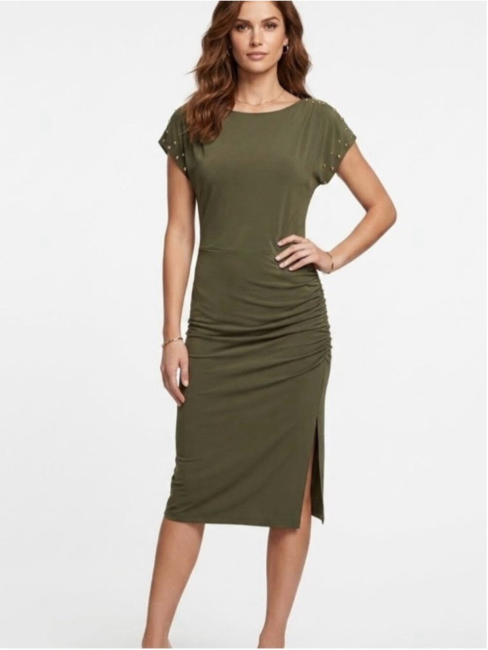 Michael Kors NWT Olive Ivy Ruched Studded Sleeve Midi Dress Size Large